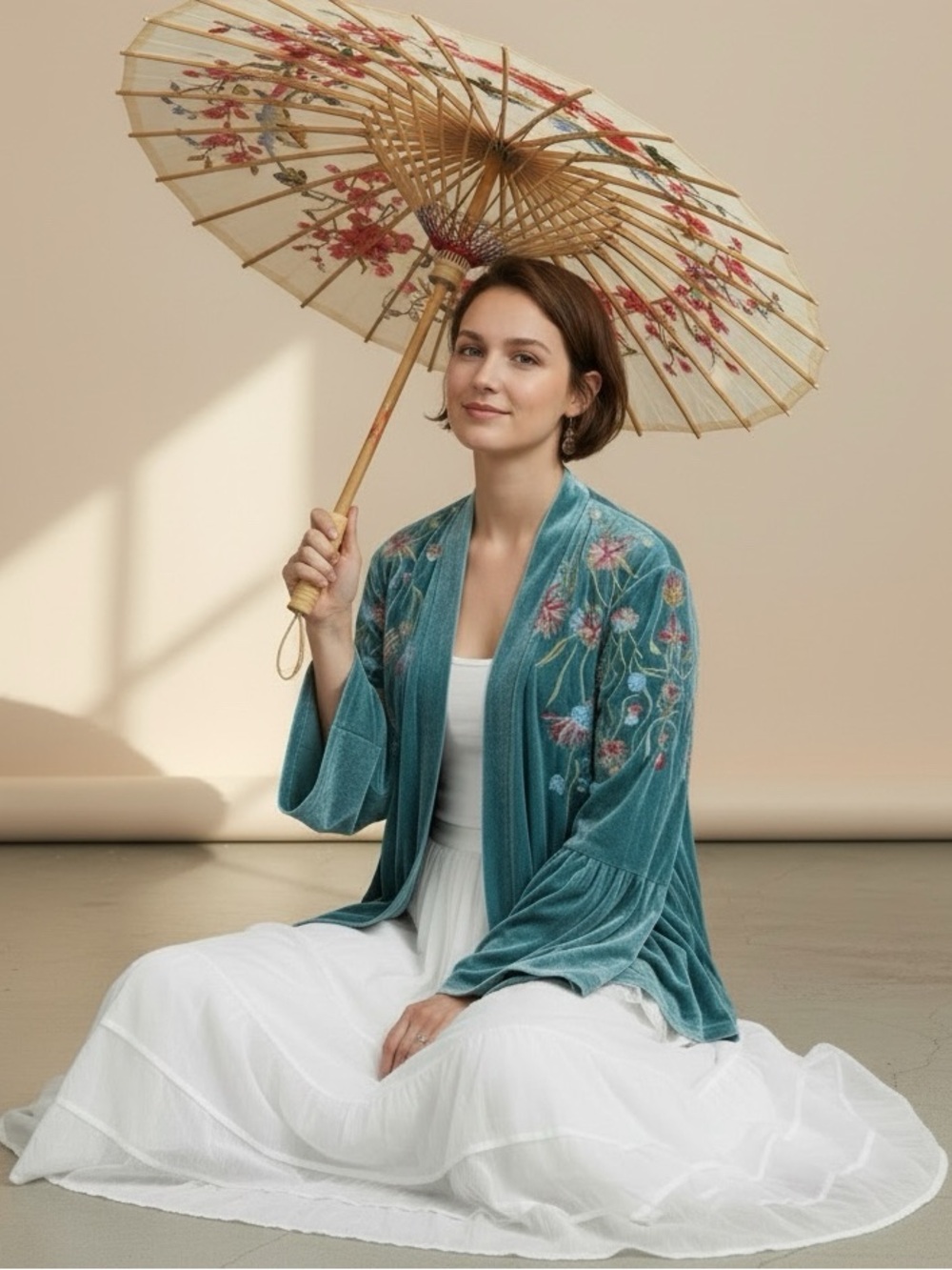 Embroidered Velvet Bell Sleeve Boho Kimono Cardigan